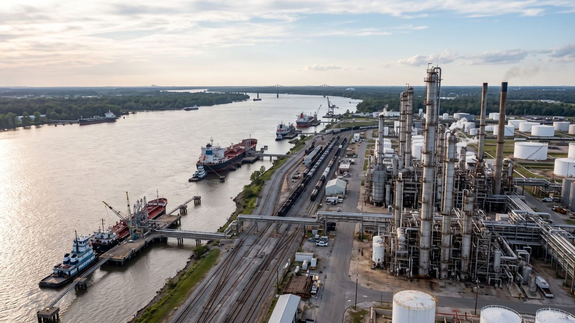 Aerial view of a Louisiana river industrial corridor: a petrochemical plant and tank farm alongside a rail yard, with tankers and towboats at dock and a river bridge in the distance.